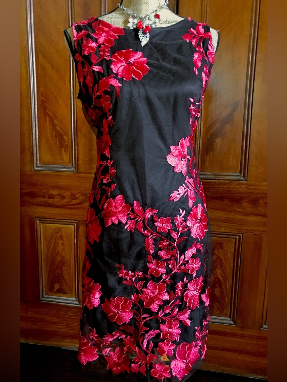 Vintage Black Thulle Net and Red Floral Embroidered Cocktail Valentine's Dress
